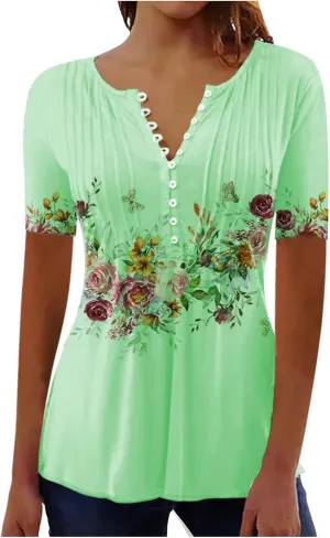 Ceboyel Women Short Sleeve Summer Tops 2023 Floral T Shirts Button V Neck Causal Blouses Trendy Dressy Ladies Fashion Clothes