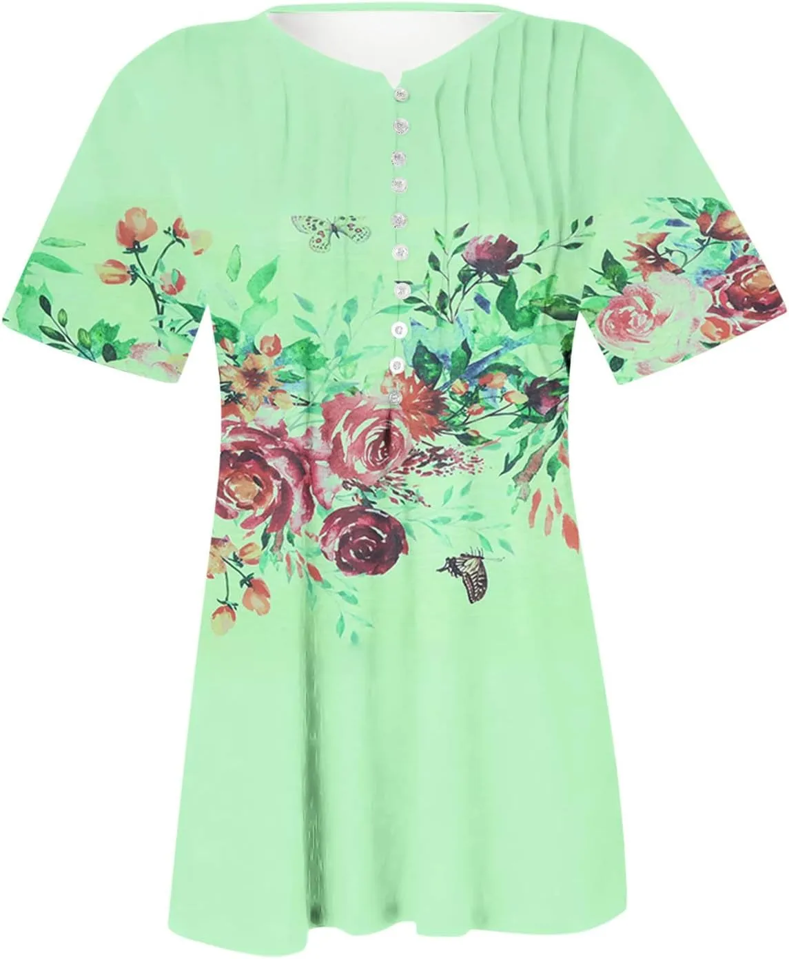 Ceboyel Women Short Sleeve Summer Tops 2023 Floral T Shirts Button V Neck Causal Blouses Trendy Dressy Ladies Fashion Clothes