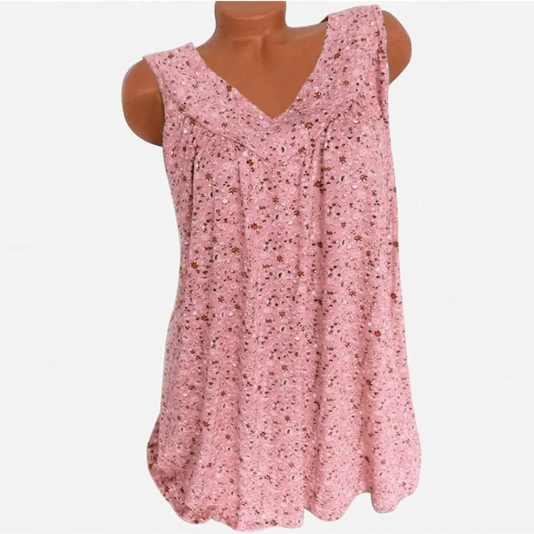Ceboyel Womens Boho Floral Print Tank Tops Sleeveless Shirts Causal Loose V Neck Pleated Blouses Spring Summer Ladies Outfits