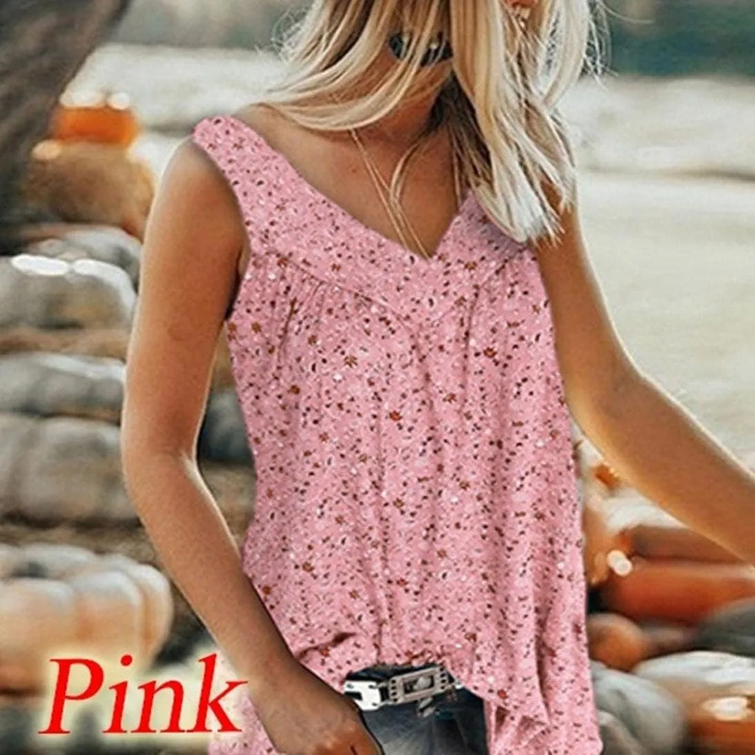Ceboyel Womens Boho Floral Print Tank Tops Sleeveless Shirts Causal Loose V Neck Pleated Blouses Spring Summer Ladies Outfits