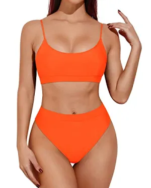 Cheeky High Cut Swimsuits High Waisted Bikini Sporty Scoop Neck Swimsuits-Neon Orange
