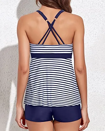 Chic Flowy Tankini Sets Shorts For A Beach Vacation-Blue White Stripe