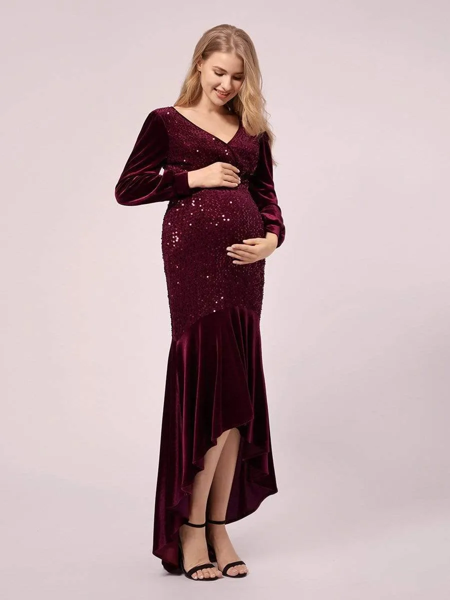 Classic V Neck Sequin & Velvet Maternity Dress