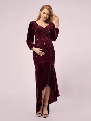 Classic V Neck Sequin & Velvet Maternity Dress