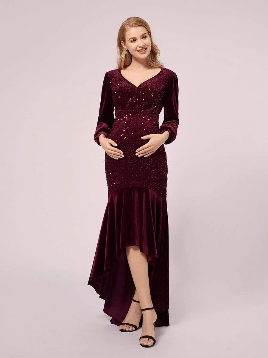 Classic V Neck Sequin & Velvet Maternity Dress