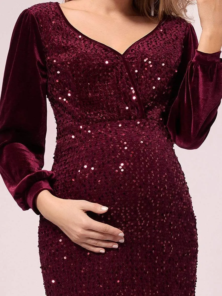 Classic V Neck Sequin & Velvet Maternity Dress