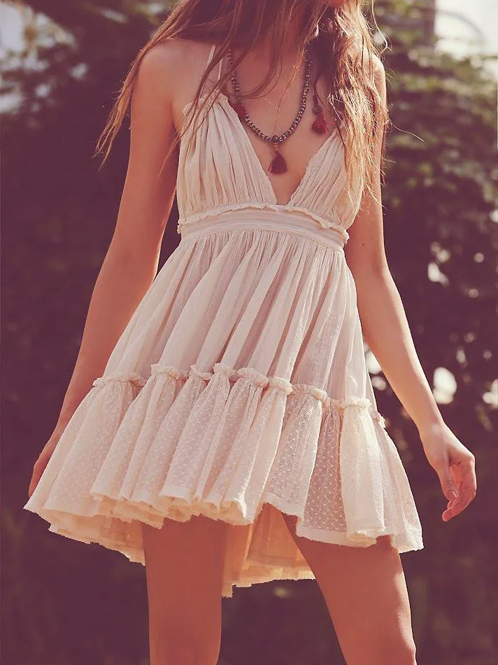 Clearance Pure Color Backless Deep V-neck Sexy Short Dress