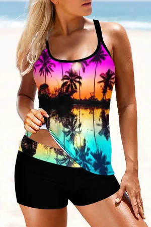 Coconut Palm Print U Collar Casual Shorts Tankini