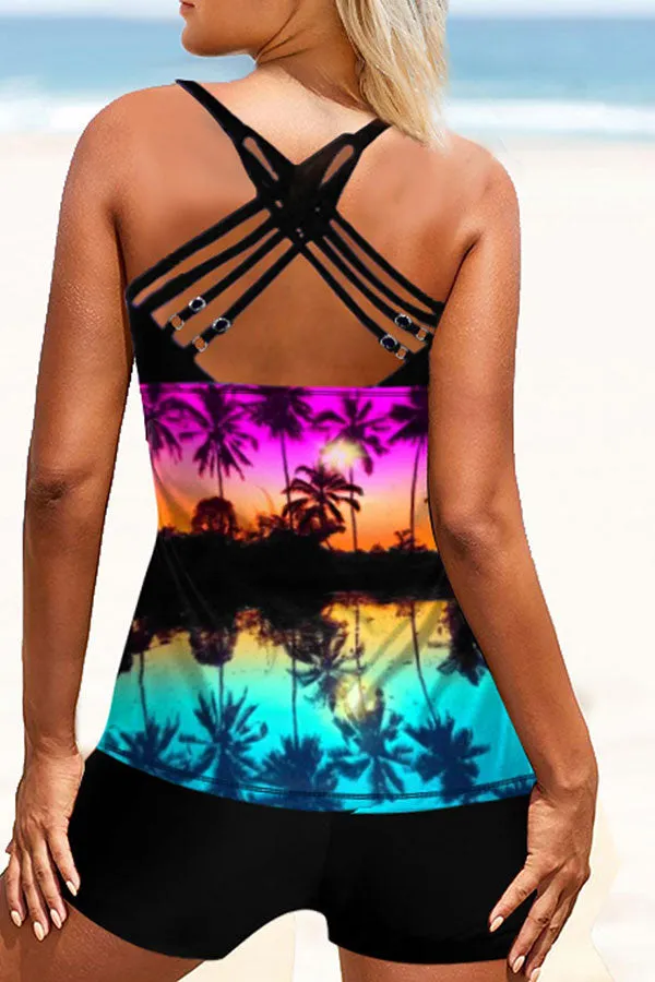 Coconut Palm Print U Collar Casual Shorts Tankini