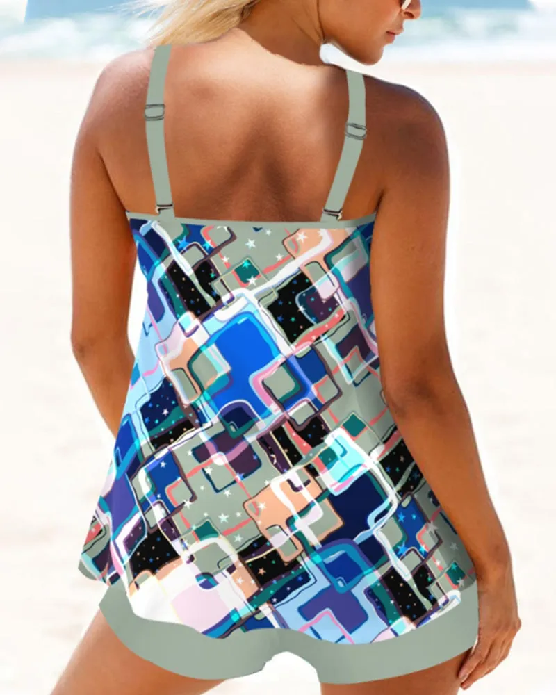 Color block printed tankini swimsuit