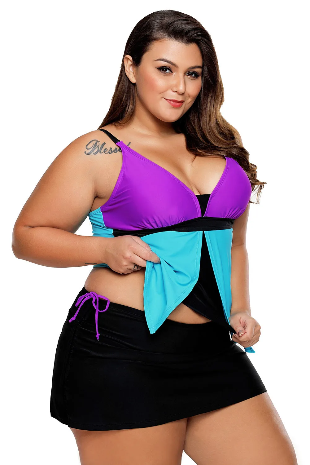 Colorblock Tankini Skort Bottom Swimsuit