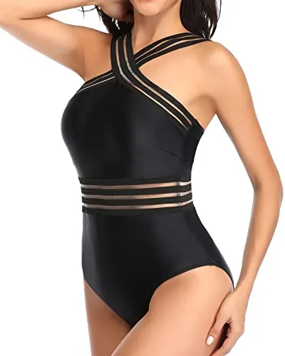 Comfy Shoulder Strap Crisscross One Piece Swimsuit-Black