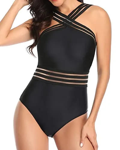 Comfy Shoulder Strap Crisscross One Piece Swimsuit-Black