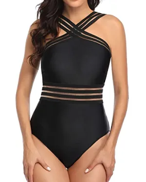 Comfy Shoulder Strap Crisscross One Piece Swimsuit-Black