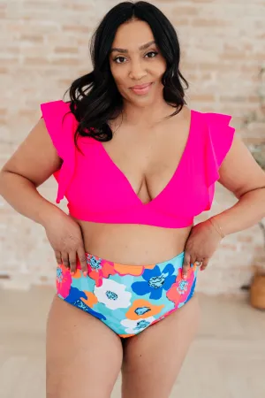 Costa Rica Ruffles Sleeve Swim Top in Neon Pink
