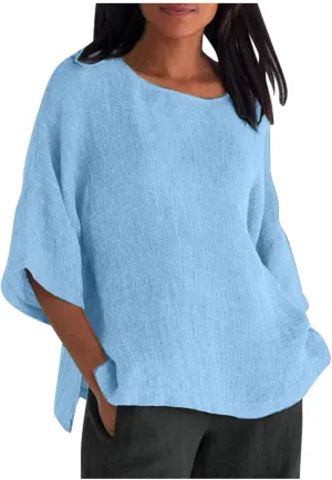 Cotton Linen 3/4 Length Sleeve Womens Tops Summer Casual Crewneck Loose Fit Shirts Workout Bohemian Blouse Comfy Tees