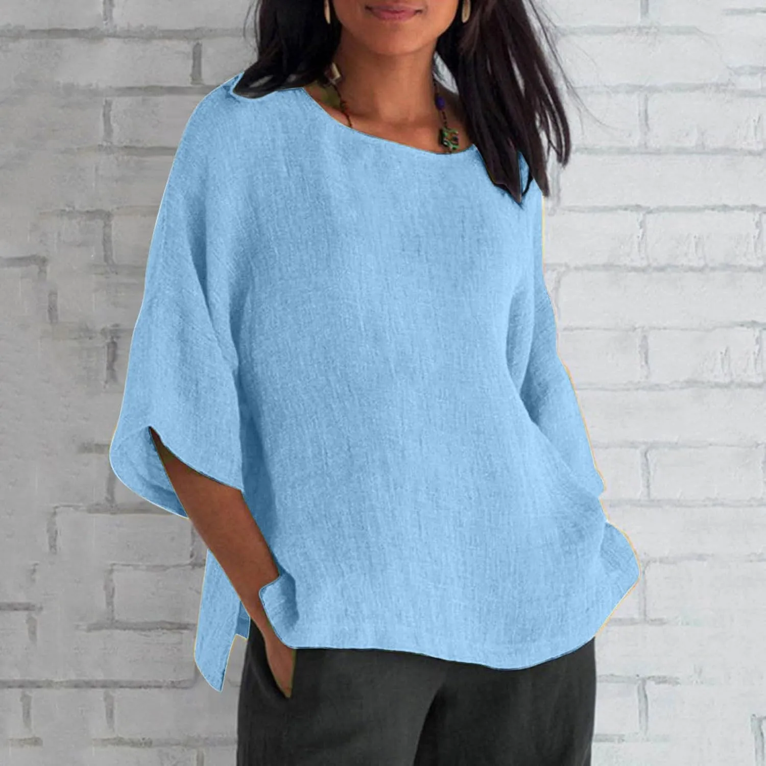 Cotton Linen 3/4 Length Sleeve Womens Tops Summer Casual Crewneck Loose Fit Shirts Workout Bohemian Blouse Comfy Tees