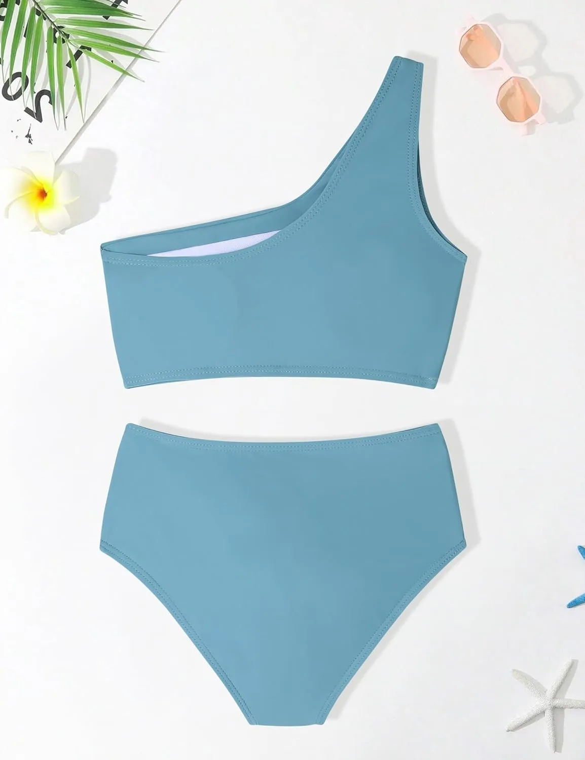 Crazyme Girls Swimsuit 2 Piece One Shoulder Cutout Bikini Top High Waisted Bottom Bathing Suits for Teens