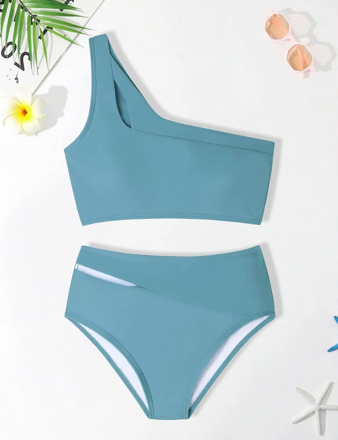 Crazyme Girls Swimsuit 2 Piece One Shoulder Cutout Bikini Top High Waisted Bottom Bathing Suits for Teens