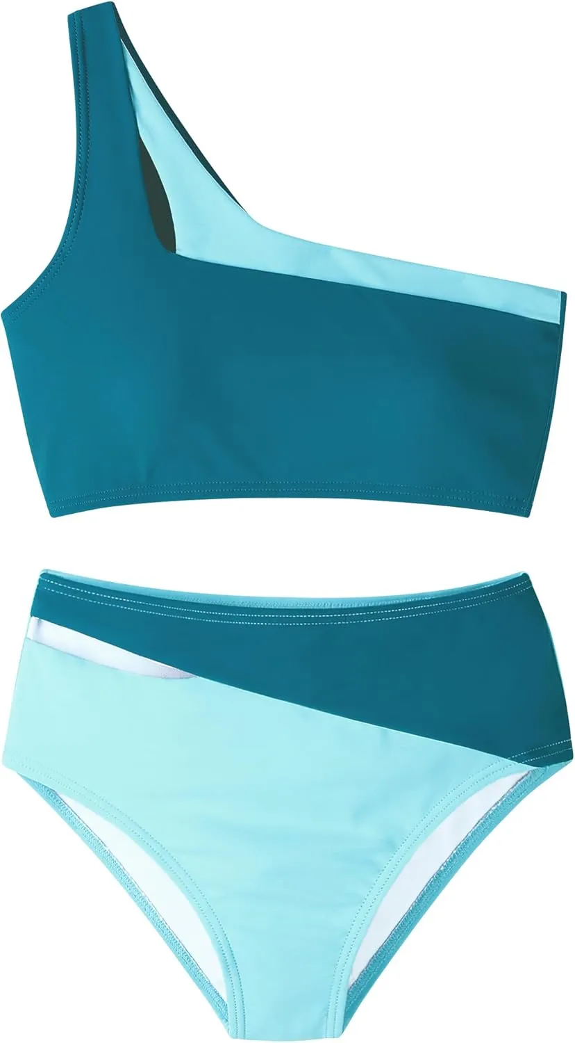 Crazyme Girls Swimsuit 2 Piece One Shoulder Cutout Bikini Top High Waisted Bottom Bathing Suits for Teens