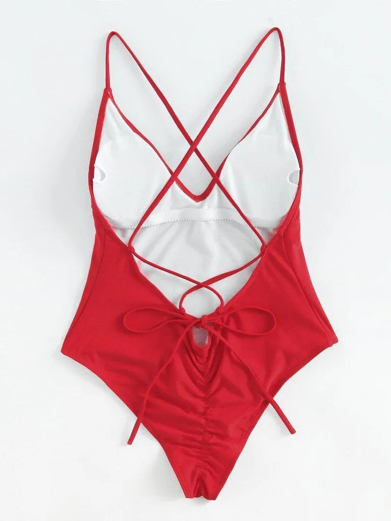 Criss Cross Back Ruched Detail Plunge Swimsuit