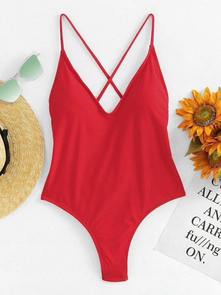 Criss Cross Back Ruched Detail Plunge Swimsuit