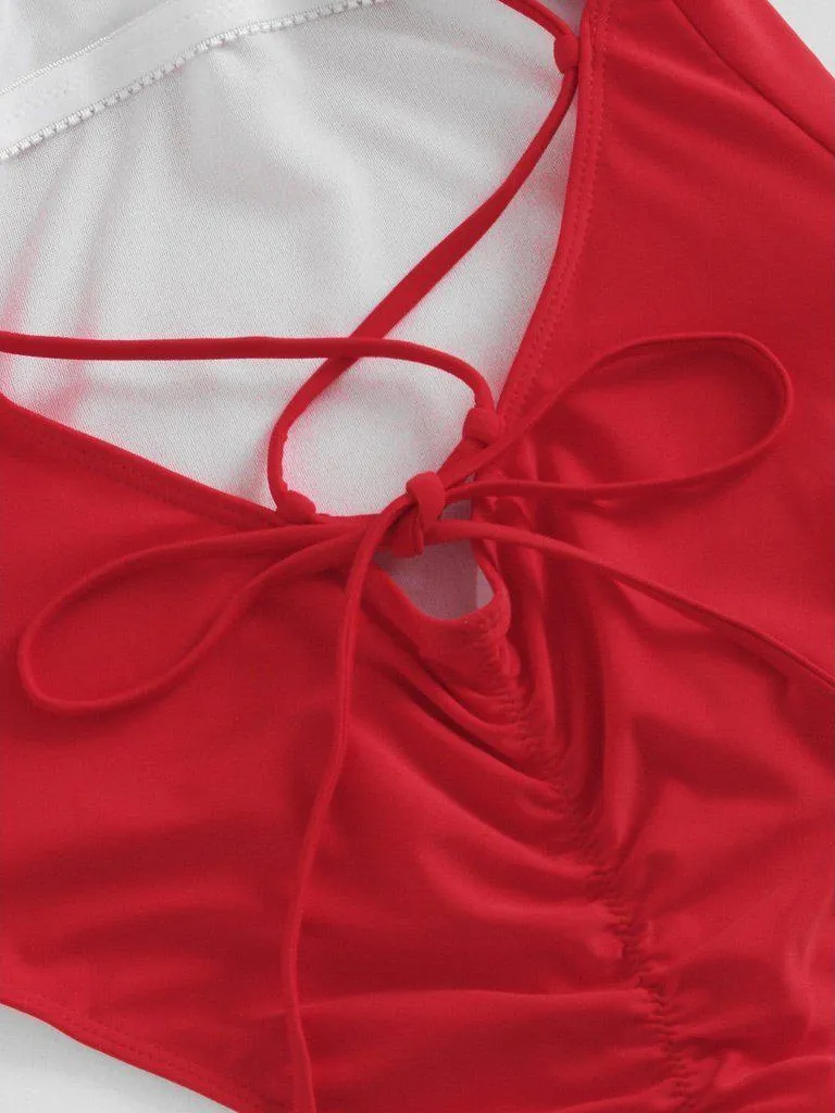 Criss Cross Back Ruched Detail Plunge Swimsuit