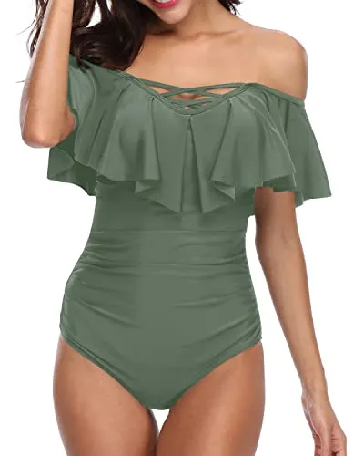 Criss Cross Lace Up Off Shoulder Tummy Control Swimsuits For Women-Olive Green