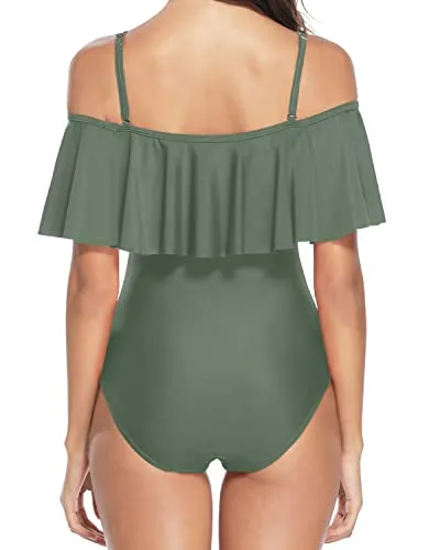 Criss Cross Lace Up Off Shoulder Tummy Control Swimsuits For Women-Olive Green
