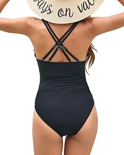 Criss Cross V Neck Slimming Bathing Suit For Women-Black And Leopard