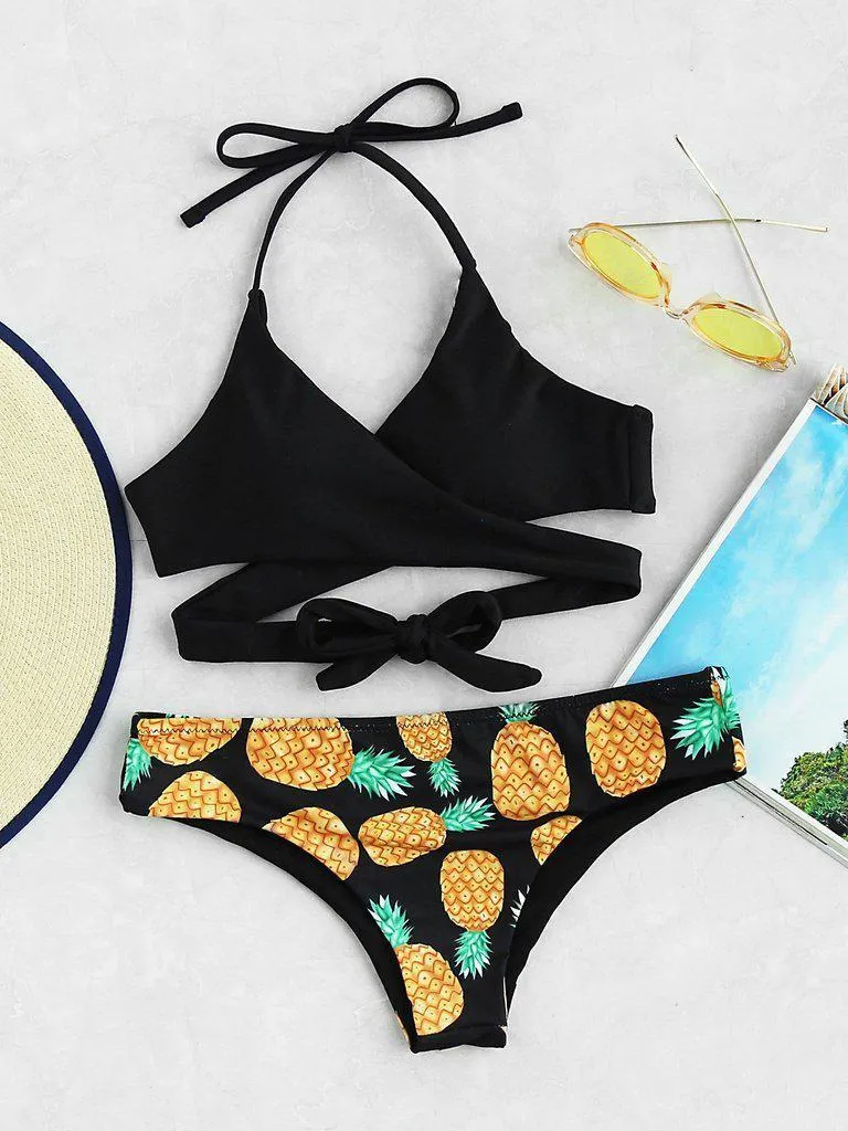 Crisscross Knot Front Pineapple Print Bikini Set