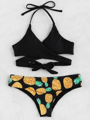 Crisscross Knot Front Pineapple Print Bikini Set