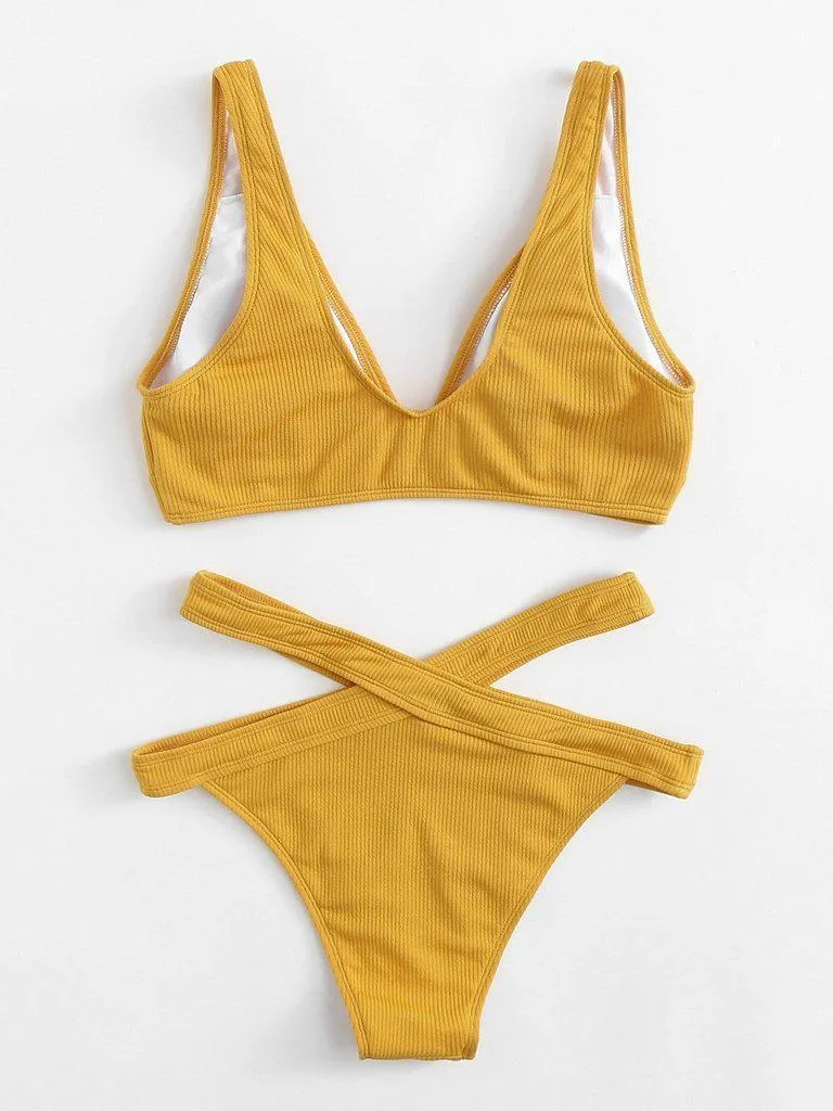 Crisscross Solid Ribbed Knit Bikini Set