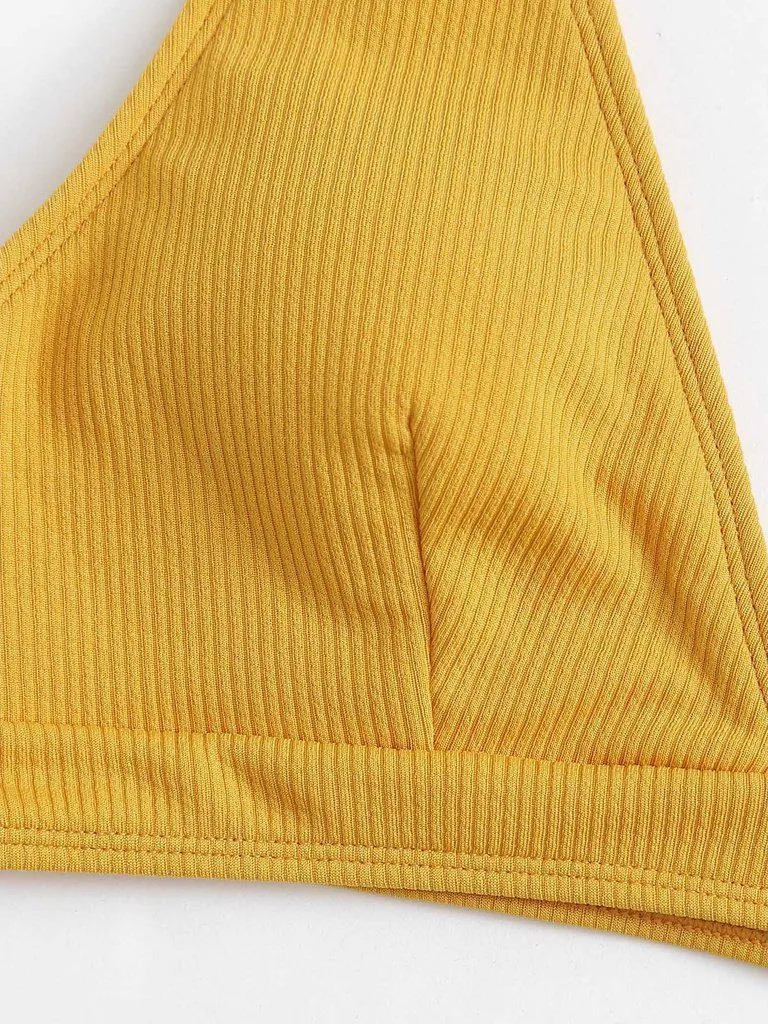 Crisscross Solid Ribbed Knit Bikini Set