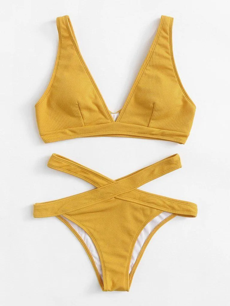 Crisscross Solid Ribbed Knit Bikini Set