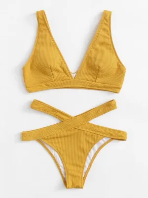 Crisscross Solid Ribbed Knit Bikini Set