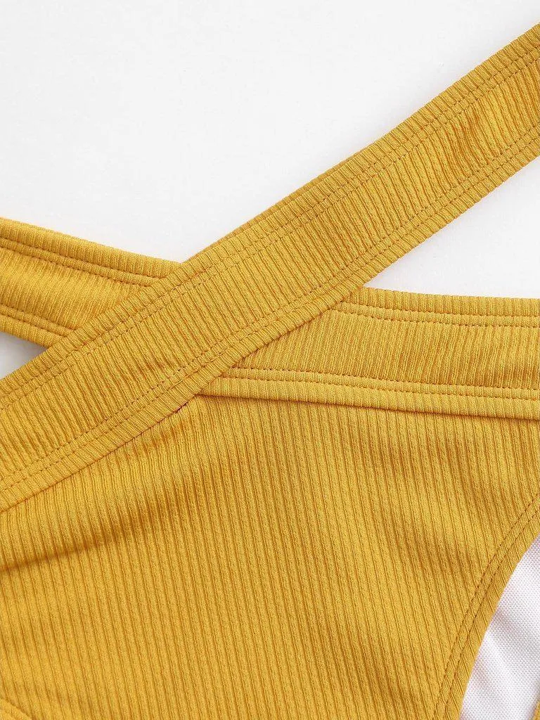 Crisscross Solid Ribbed Knit Bikini Set