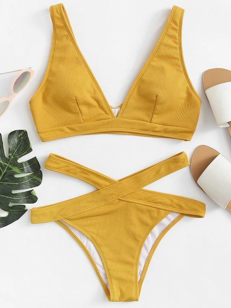 Crisscross Solid Ribbed Knit Bikini Set