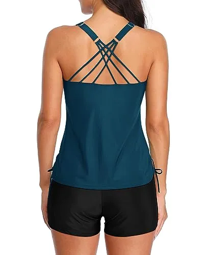 Crisscross Strappy Drawstring Top & Boyshorts Tankini Set