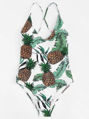 Cross Back Pineapple Print Swimsuit