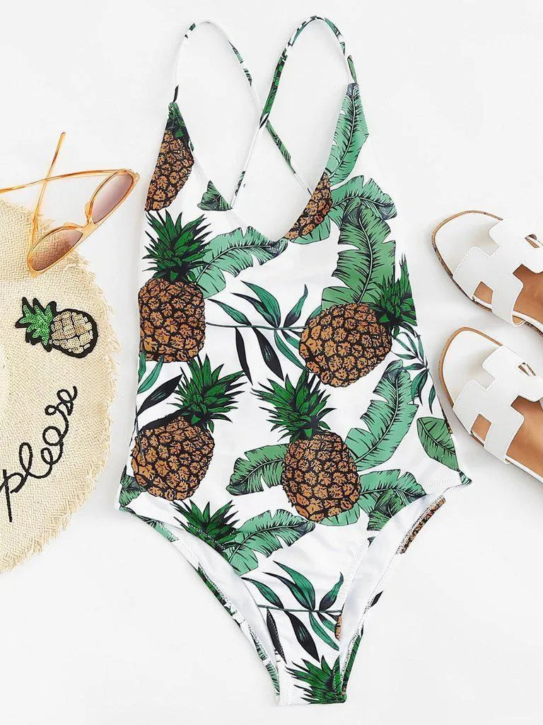 Cross Back Pineapple Print Swimsuit