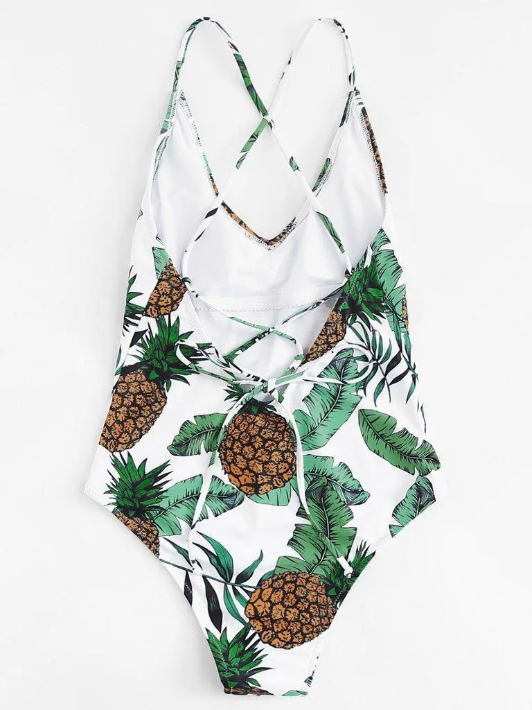Cross Back Pineapple Print Swimsuit