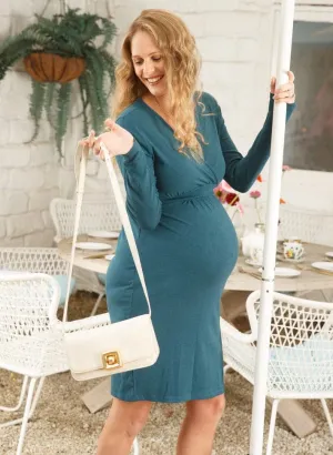 Crossover Neckline Maternity  & Nursing Wrap Dress - Teal