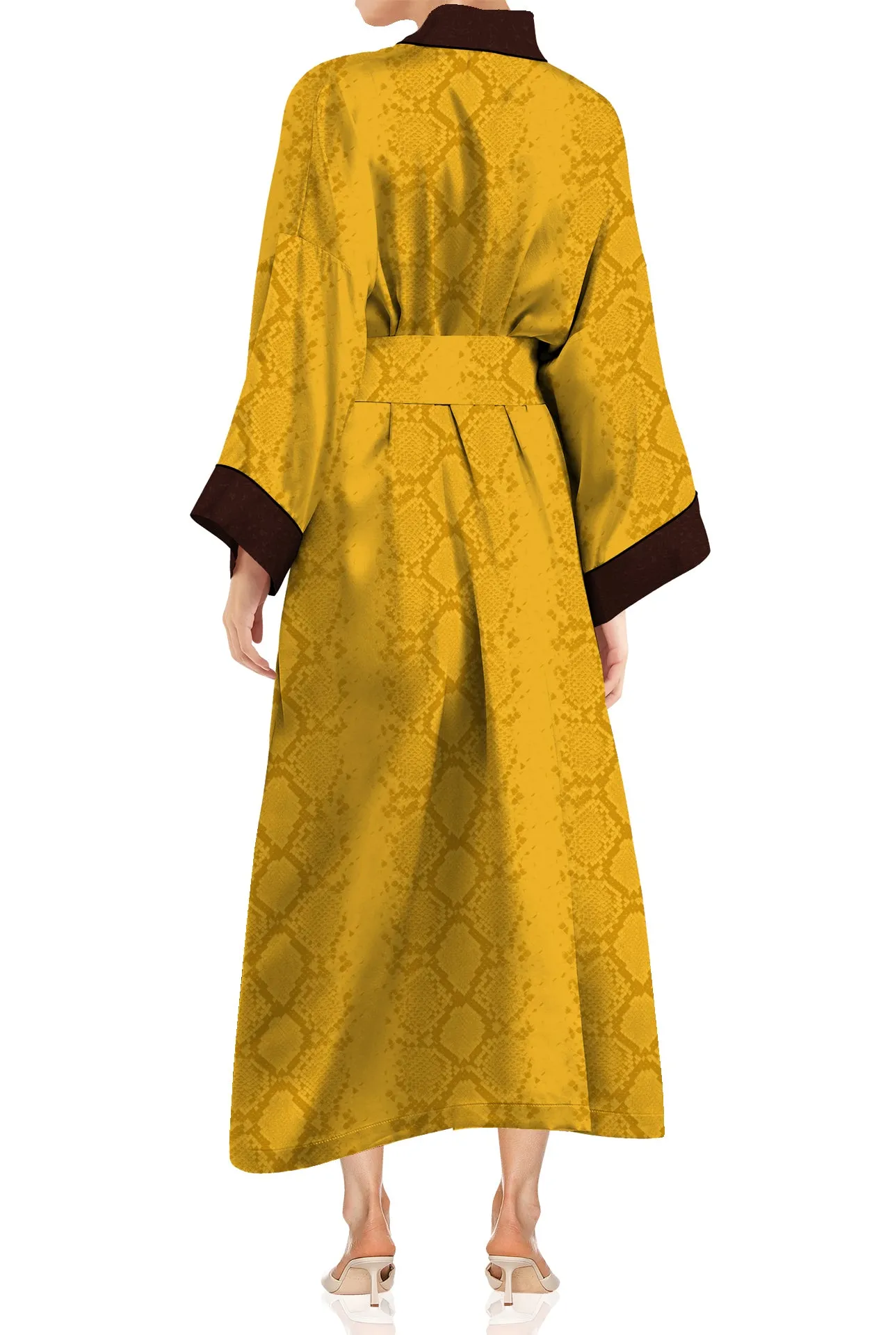 Cupro Vegan Silk Kimono Solid Golden Cob Robe in Midi Length