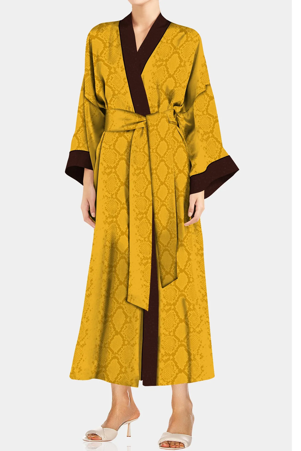 Cupro Vegan Silk Kimono Solid Golden Cob Robe in Midi Length