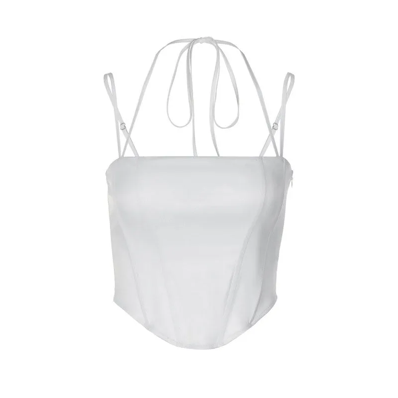 Curved Hem Spaghetti Strap Corset Halter Crop Top - White