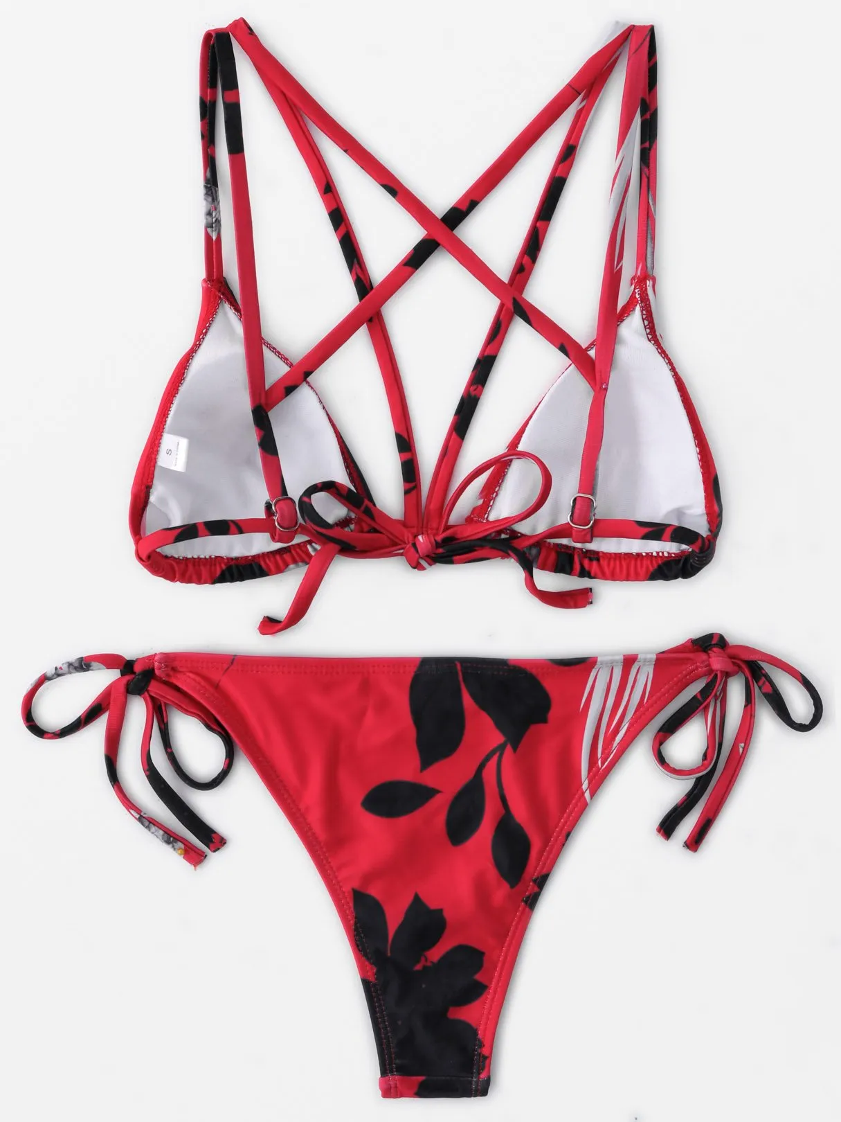 Custom Floral Print Self-Tie Criss-Cross Sleeveless Red Bikini Set