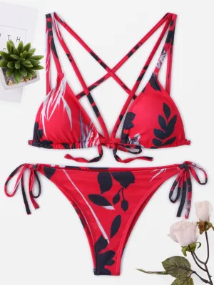 Custom Floral Print Self-Tie Criss-Cross Sleeveless Red Bikini Set