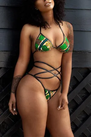 Custom Halter Floral Print Backless Wireless Sleeveless Green Bikini Set
