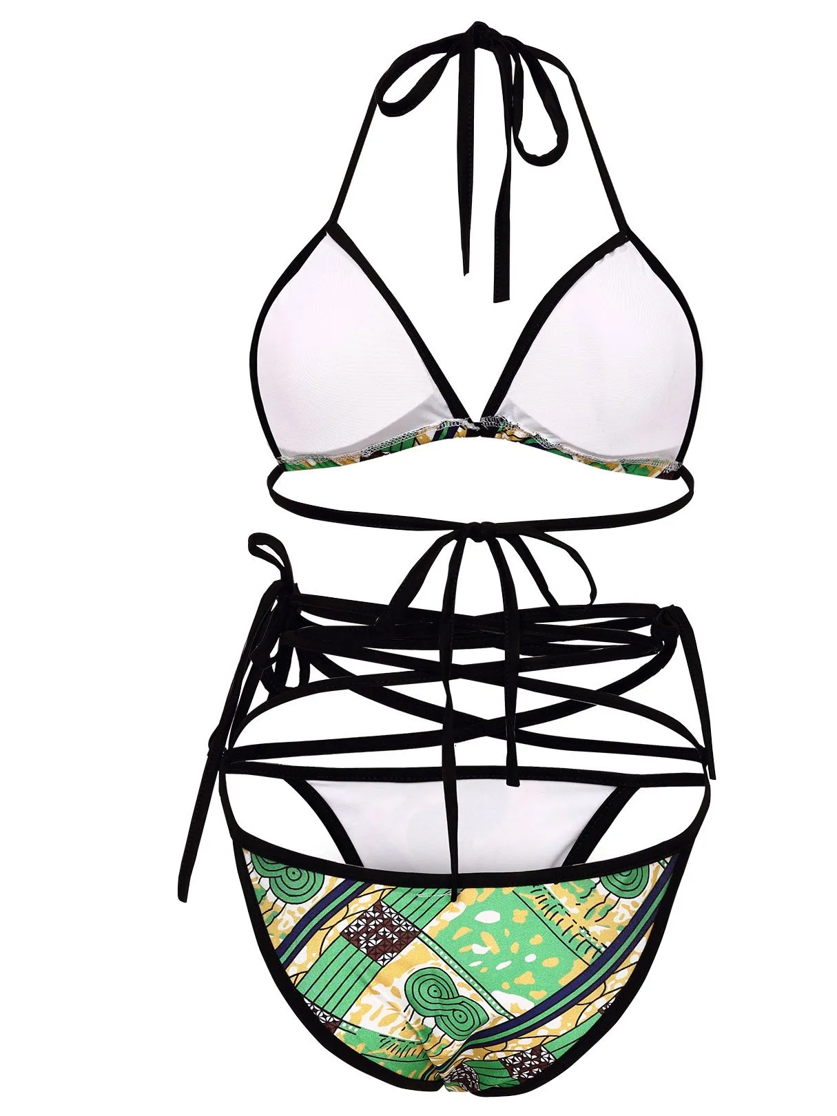 Custom Halter Floral Print Backless Wireless Sleeveless Green Bikini Set